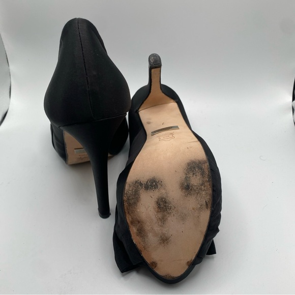 Badgley Mischka High Heel Shoes Black Satin Open Toe Slip On w/Bow Size 7 - Picture 5 of 5